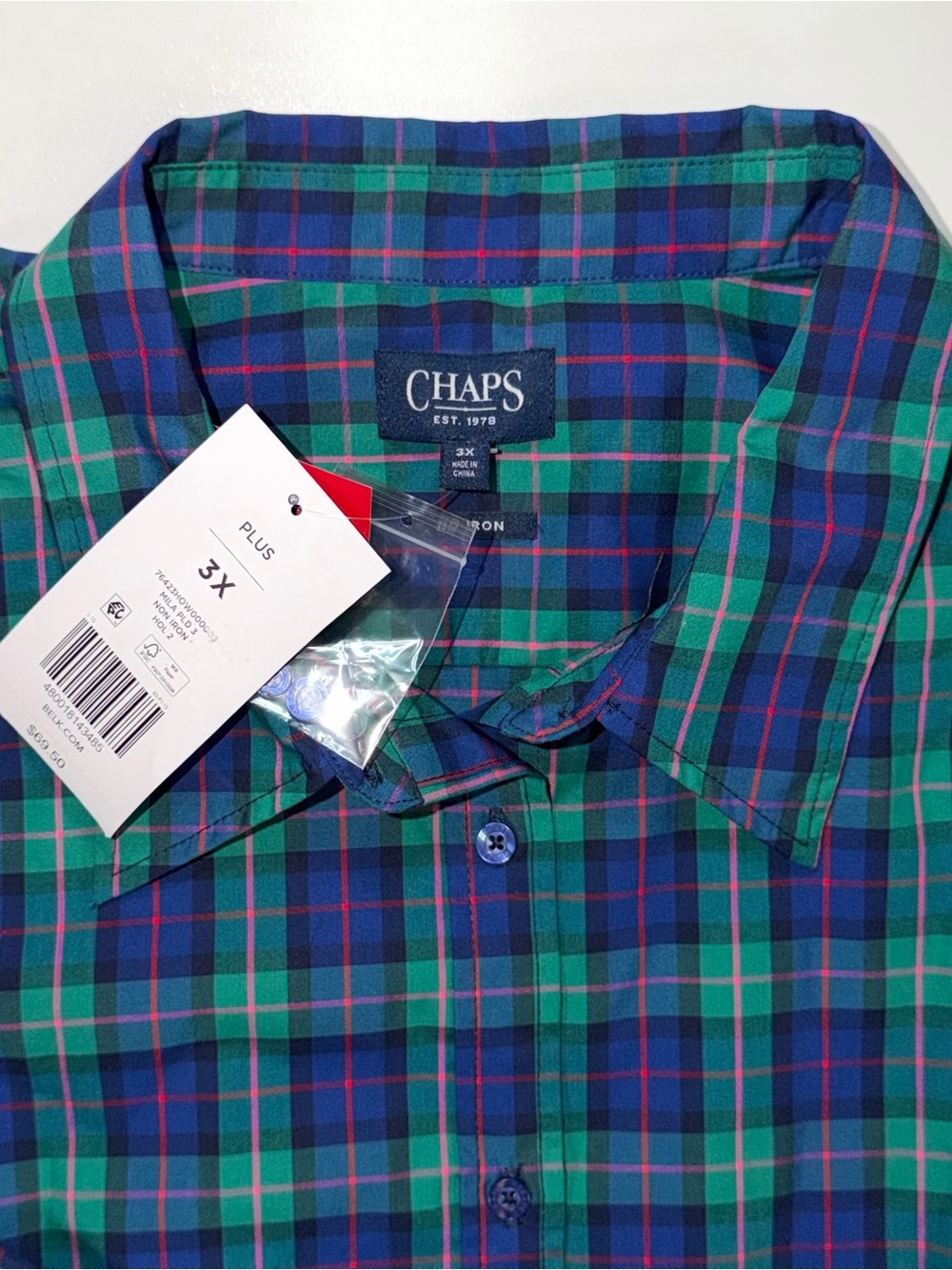CHAPS No Iron Shirt Blue Green Plaid Long Sleeve Stretch Button Up Womens 3X NWT - Picture 5 of 14